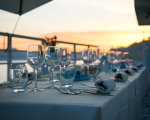 a table with wine glasses and cutlery